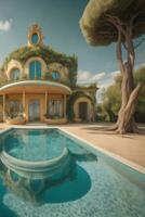 hus med swiming slå samman illustration, generativ ai foto
