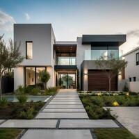 arkitektur av modern hus med simning slå samman och terrass verklig egendom begrepp ai generativ foto