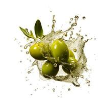 färsk oliver faller i ren vatten. ai generativ foto