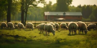 flock av får betning i en kulle på solnedgång. foto