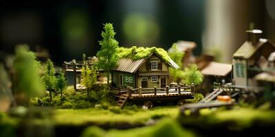 eco hus i grön miljö. miniatyr hus på gräs. foto