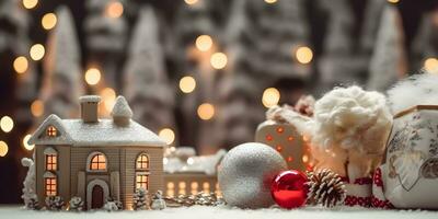 miniatyr- trä- hus över suddig jul dekoration bakgrund foto