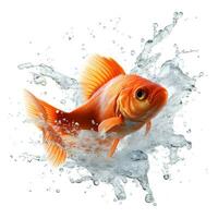 guld fisk i vatten stänk på vit bakgrund. ai generativ foto
