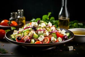 grekisk sallad med färsk grönsaker, fetaost ost, kalamata oliver, torkades oregano, röd vin vinäger och oliv olja. friska food.ai generativ foto