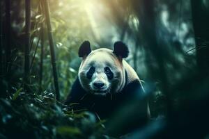 panda, ett endangered arter, i de bambu skog. ai generativ foto