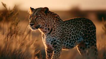 leopard på de bakgrund av de afrikansk savann, varm dag, djur av afrika. ai generativ foto