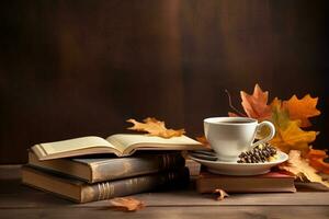 en kopp av utsökt, varm kaffe, böcker och höst löv på en trä- bakgrund. ai generativ foto
