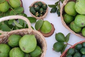 färsk guava frukt i en korg på vit bakgrund. selektiv fokus. foto