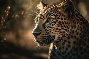 leopard på de bakgrund av afrikansk skogar, djur av afrika. ai generativ foto