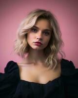 porträtt av en skön ung kvinna med blond hår på en rosa bakgrund generativ ai foto