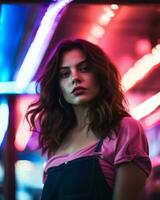 porträtt av en skön ung kvinna med neon lampor i de bakgrund generativ ai foto