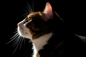 porträtt av en tabby katt på en svart bakgrund generativ ai foto