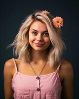 porträtt av en skön ung kvinna med blommor i henne hår på en mörk bakgrund generativ ai foto