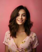 porträtt av skön ung kvinna leende på rosa bakgrund generativ ai foto