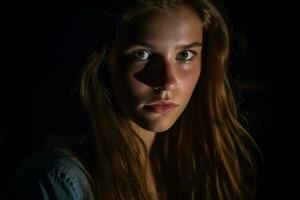 porträtt av en ung flicka i de mörk generativ ai foto