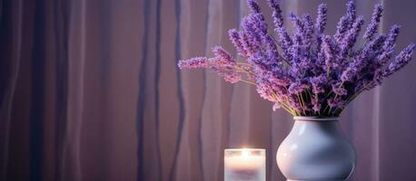 interiör design inspiration lavendel- blommor i en vas bredvid en lampa för blommig dekor fotografi foto