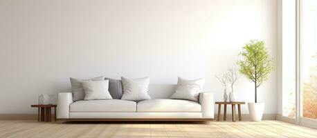 minimalistisk nordic Hem interiör med vit soffa trä- golv stor vägg dekor och fönster med vit landskap illustration foto