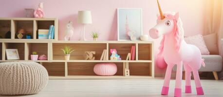 en trä- kamera leksak och en led ljus i de form av en rosa enhörning på en tabell i en barn s lekrum foto