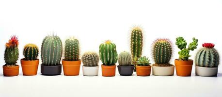 kaktus växter i kastruller på en vit bakgrund foto