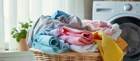 tvättning maskin fylld med färgrik handdukar och tvätt dörr öppen foto