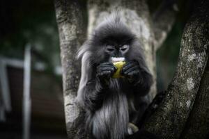 colobinae också grå langur äter frukt långstjärtad apa på trädet foto