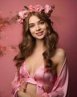 skön ung kvinna i rosa underkläder med blomma krans på rosa bakgrund generativ ai foto