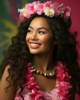 skön ung kvinna i hawaiian klänning med blomma krans på rosa bakgrund generativ ai foto