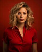 skön blond kvinna i röd skjorta Framställ mot röd bakgrund generativ ai foto