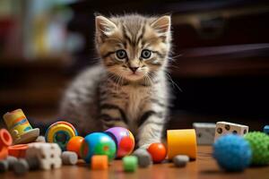 inhemsk djur- begrepp. söt kattunge spelar med hans leksaker i levande rum. kattunge med rolig se. foto