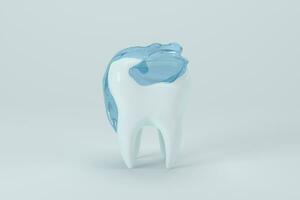 vit tand med blå flytande på Det, 3d tolkning. foto