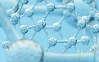 kemisk molekyl med blå bakgrund, 3d tolkning. foto