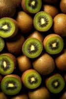 realistisk Foto av en knippa av kiwi frukter. topp se frukt landskap. ai genererad