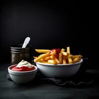 realistisk Foto av franska pommes frites. närbild mat fotografi. ai genererad