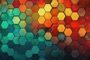 abstrakt färgrik sexhörning bakgrund. 3d framställa illustration. vaxkaka mönster. abstrakt bakgrund med hexagoner, ai genererad foto