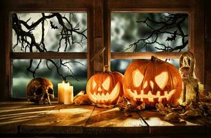 Lycklig halloween baner eller fest inbjudan bakgrund med moln fladdermöss och pumpor foton