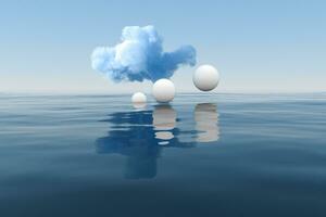 moln och geometrisk figur flytande på de sjö, 3d tolkning. foto