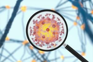 coronavirus och mikroskop, medicin och vetenskap, abstrakt befruktning, 3d tolkning. foto