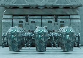 robotar fodrad upp i de korridor av en rymdskepp. vetenskap fiktion scen foto