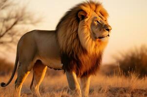 vuxen manlig lejon stående i de afrikansk savann under de gyllene timme av de dag. ai genererad foto