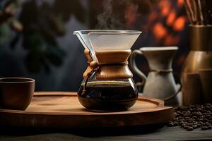 varm arabica i chemex med de aromatisk av kaffe med svart kaffe bönor ai generativ foto