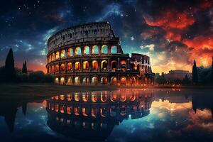 landmärke av de colosseum rom i Italien på natt med galax i himmel ai generativ foto
