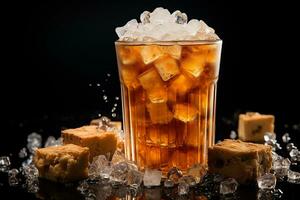 iced kaffe och socker kuber eras i klar glas på en svart bakgrund ai generativ foto