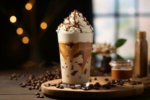 iced frappuccino med grädde garnering och choklad sås eras i glas på trä- underlägg ai generativ foto