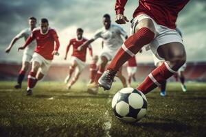 stänga upp av många fotboll spelare sparkar en fotboll på en fält, tävling scen.skapad med generativ ai teknologi foto