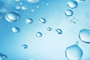 stänga upp av vatten med bubblor på en blå bakgrund för kosmetisk bakgrund.skapad med generativ ai teknologi. foto