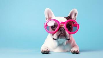 söt och rolig franska bulldogg i trendig solglasögon på isolerat bakgrund.djur sommar Semester koncept.skapats med generativ ai teknologi foto