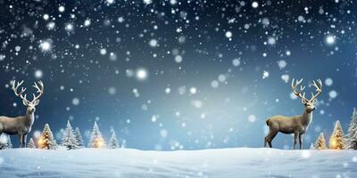 rådjur stående i vinter- snö bakgrund med jul träd. glad jul och Lycklig ny år. ai genererad foto