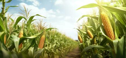 närbild majs kolvar i majs plantage fält. generativ ai foto
