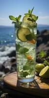 fantastisk Foto av cocktail mojito, en solig sommar strand i de bakgrund. generativ ai