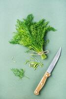 en kniv nedskärningar av de stjälkar från en knippa av färsk dill på en grön bakgrund. vitamin grönt i en friska diet. topp och vertikal se foto